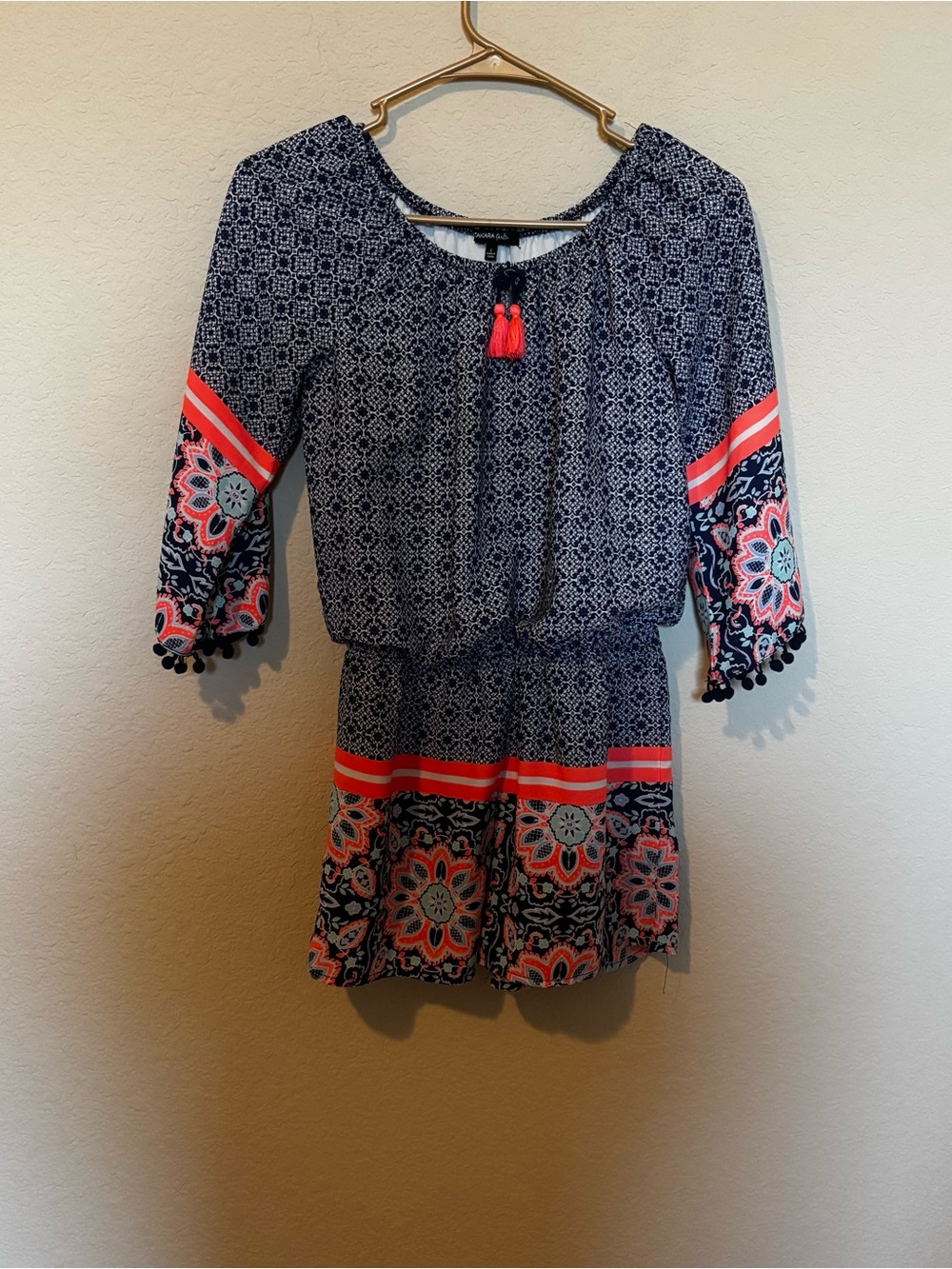 Takara Girls Blue Orange Boho Floral Romper Quarter Sleeve Tassel Size Large
